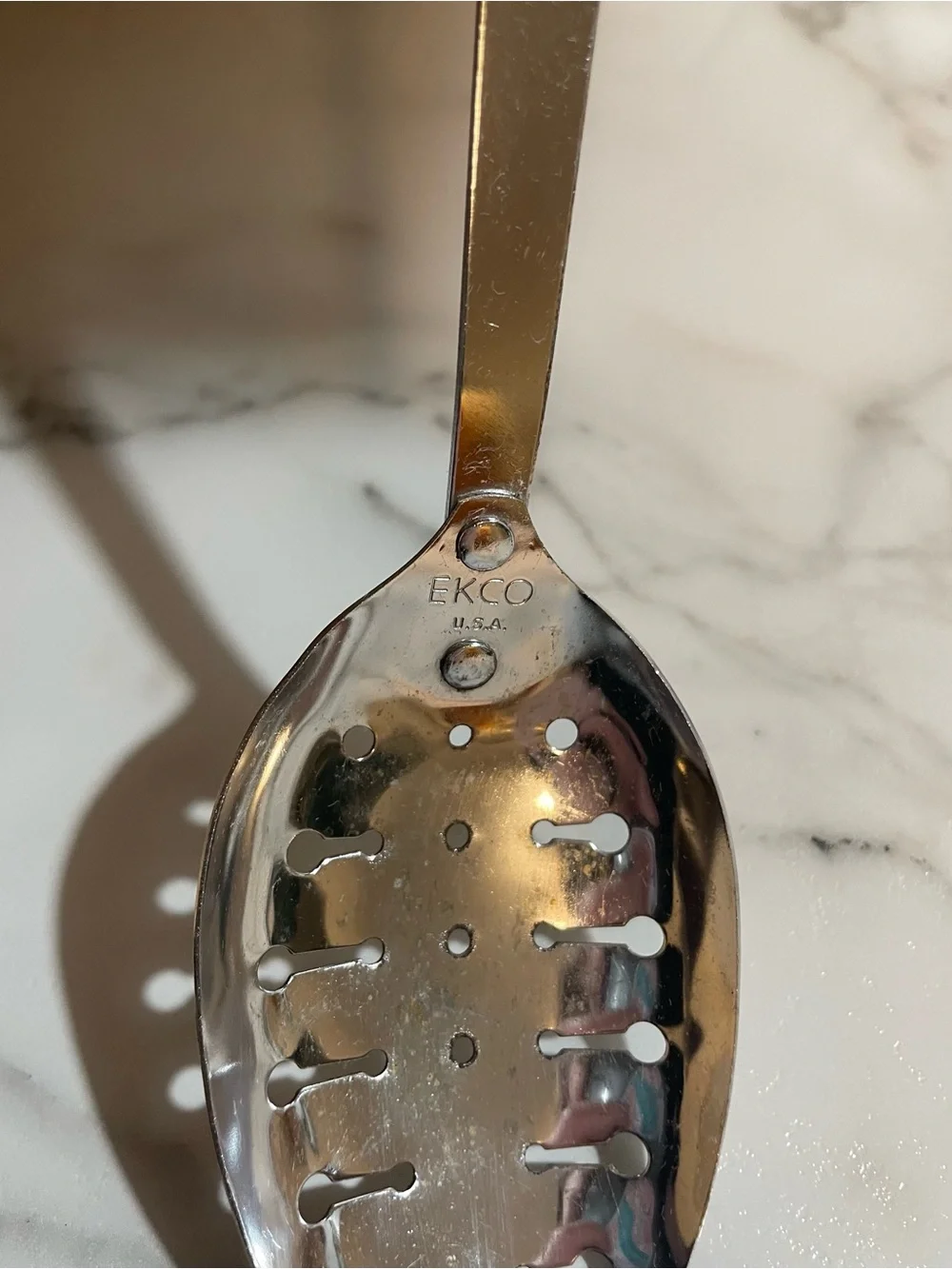Vintage MCM Ekco 12” slotted kitchen spoon beige handle utensil